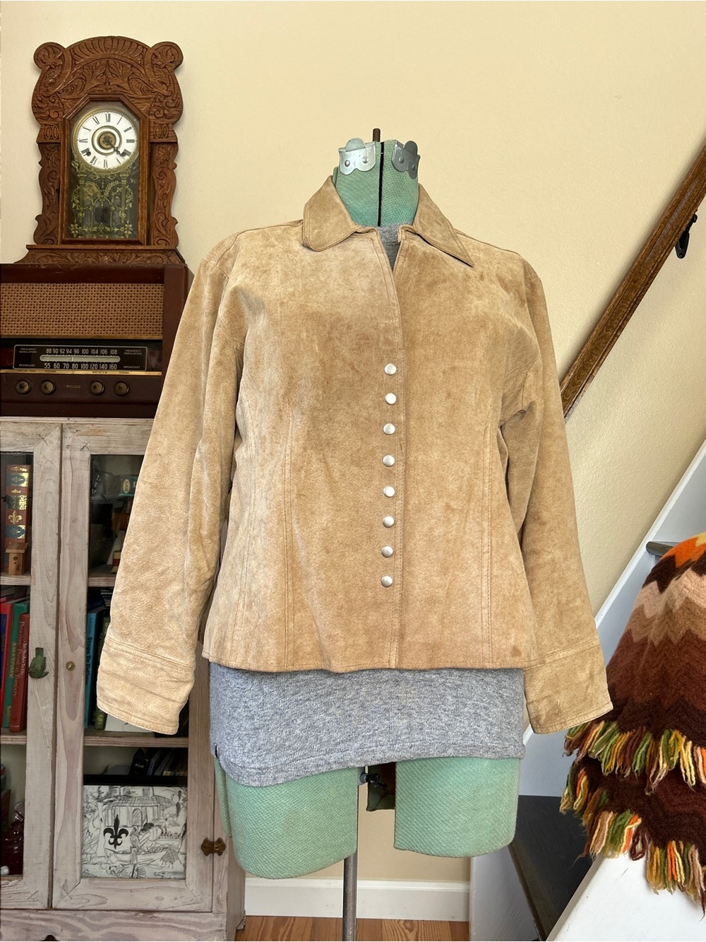 Vintage Y2K Coldwater Creek Tan Suede Leather Jacket Button Snaps Petite Large